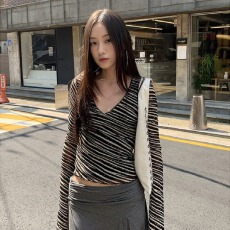 批发原版优质面料 长袖斑马纹v领T恤女秋季2025新款复古打底衫上衣潮