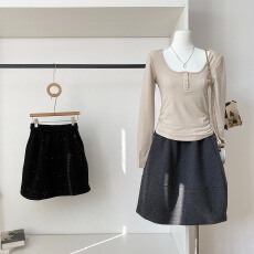 批发600克毛呢面料 氛围闪闪拼接茧型花苞毛呢<b class='q'>中裙</b>女高腰蓬蓬<b class='q'>半身</b>裙