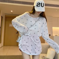 批发天丝超薄罗纹 慵懒风蝴蝶结印花长袖T恤女装薄款微透防晒罩衫上衣