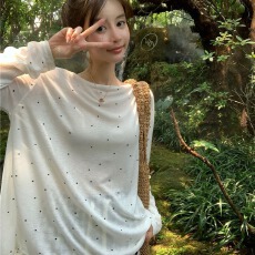 批发天丝超薄罗纹 设计感开叉波点长袖T恤女装夏季薄款微透防晒罩衫