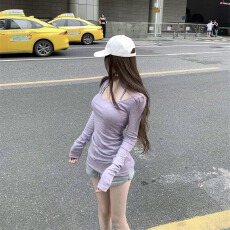 批发200克人棉+原版吊带 <b class='q'>韩版</b>紫色修身圆领长袖正肩T恤女显瘦<b class='q'>打底衫</b>