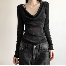 批发原版面料 独特别致<b class='q'>亮片</b>长袖女设计感时尚微透修身显瘦辣妹上衣潮