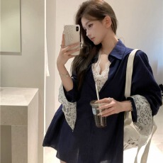 批发原版优质面料 藏青色气质polo领长袖<b class='q'>衬衫</b>宽松中<b class='q'>长款</b>防晒外套上衣