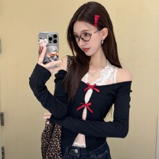 批发纯欲<b class='q'>套装</b>蝴蝶结镂空显瘦长袖早秋修身内搭白色<b class='q'>蕾丝</b>背心上衣两件套