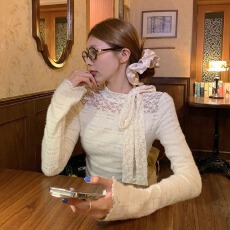 原版优质面料 蕾丝钩花半高领长袖小众蝴蝶结绑带打底衫内搭上衣