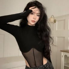 批发260克人棉2*2 纯欲长袖T恤<b class='q'>网纱</b>拼接修身内搭设计感打底连体<b class='q'>上衣</b>