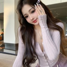 批发200克阳光绒 芋泥紫色长袖开衫芭蕾风内搭打底衫低u领短款上衣女