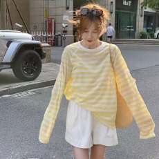 批发天丝超薄罗纹+索罗<b class='q'>纳</b> 撞色条纹薄纱防晒衣罩衫女夏季宽松薄款t恤