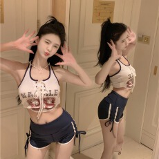 批发夏季拼色绑带印花字母挂脖吊带背心外穿套<b class='q'>装</b>显瘦抽绳休闲短裤子女