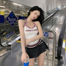 批发甜酷辣妹可爱少女挂脖吊带背心外搭叠穿低腰超短裙套装显瘦半身裙