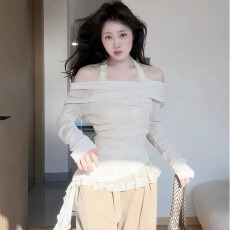 批发原版面料  辣妹套装女<b class='q'>长袖</b>针织罩衫杏色上衣+蕾丝内搭背心两件套