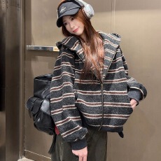 批发原版面料做法 慵懒风撞色条纹连帽长袖<b class='q'>卫衣</b>百搭宽松显瘦休闲上衣