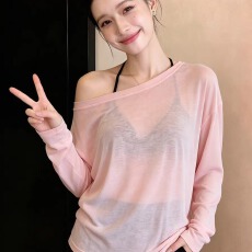 批发天丝罗纹 斜肩罩衫女夏季薄款防晒衫上衣宽松露肩小个子<b class='q'>长袖</b><b class='q'>t</b><b class='q'>恤</b>