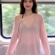批发天丝罗纹 斜肩罩衫女夏季薄款防晒衫上衣宽松露肩小个子<b class='q'>长袖</b><b class='q'>t</b><b class='q'>恤</b>