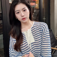 批发韩国雪花麻 蓝色条纹设计感系带<b class='q'>长袖</b>女秋季<b class='q'>T</b><b class='q'>恤</b>2025新款宽松上衣