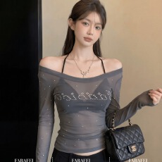 批发原版优质面料 斜肩美式设计字母烫钻网纱透视一字肩<b class='q'>长袖</b><b class='q'>T</b><b class='q'>恤</b>上衣