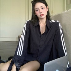 批发柚色  运动衬衫短外套女宽松小众条纹<b class='q'>修身</b>设计感薄款休闲外穿上衣