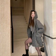 批发柚色  600克丝棉呢 灰色连帽长袖毛呢外套宽松中长款气质开衫大衣
