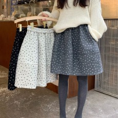 批发柚色  600克毛呢面料 韩系碎花裙<b class='q'>短裙</b>半身裙女秋花苞裙A字裙伞裙
