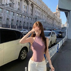 批发柚色  人棉拼接网纱带胸垫 无袖挂脖吊带背心<b class='q'>夏</b>季网纱修身连体衣