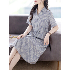 批发限价+12+小视频 <b class='q'>条纹</b>收腰连衣裙女夏季中<b class='q'>长裙</b>2026年新款时尚裙子