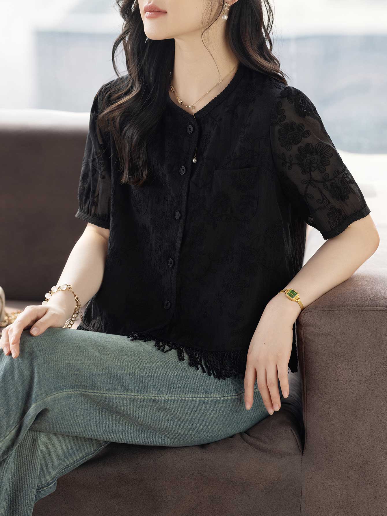 제한 가격 12+ 작은 동영상 술 얇고 가벼운 레이스 자수 셔츠 품격 우아함 빅 사이즈 지방 mm 여름 드레스 새로운