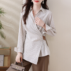 批发实拍大码秋季新款不规则绑带收腰条纹<b class='q'>衬衫</b>女设计感v领长袖上衣