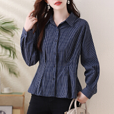 批发秋季新款韩系格子长袖<b class='q'>衬衫</b>洋气减龄收腰设计宽松显瘦女士长袖上衣