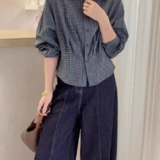 批发2025秋季新款长袖格子<b class='q'>衬衫</b>收腰显瘦休闲百搭上衣女