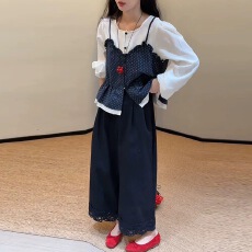 批发韩系波点吊带假两件<b class='q'>衬衫</b>女早秋季新款小众设计感撞色拼接长袖上衣