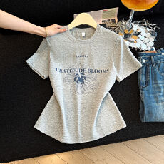 批发202新款<b class='q'>胖</b>MM<b class='q'>素描</b>花朵简约纯棉圆领宽松正肩短袖T恤上衣女