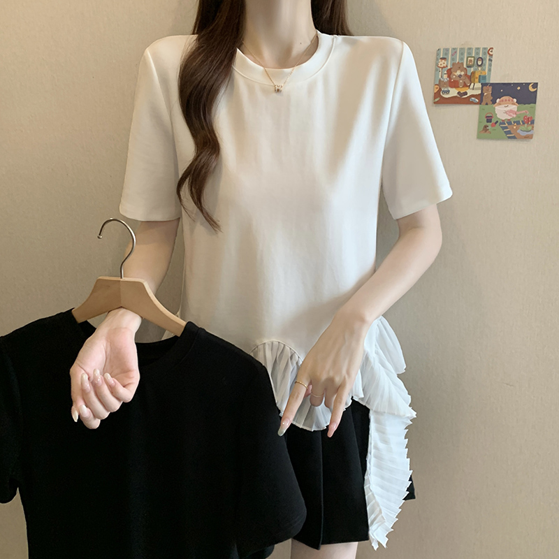 2026 반팔 티셔츠 여성 여름 새로운 한 부서 디자인 센스 패치워크 밑단 루즈핏 표지 고기 슬림해 보이는 빅 사이즈 맨위