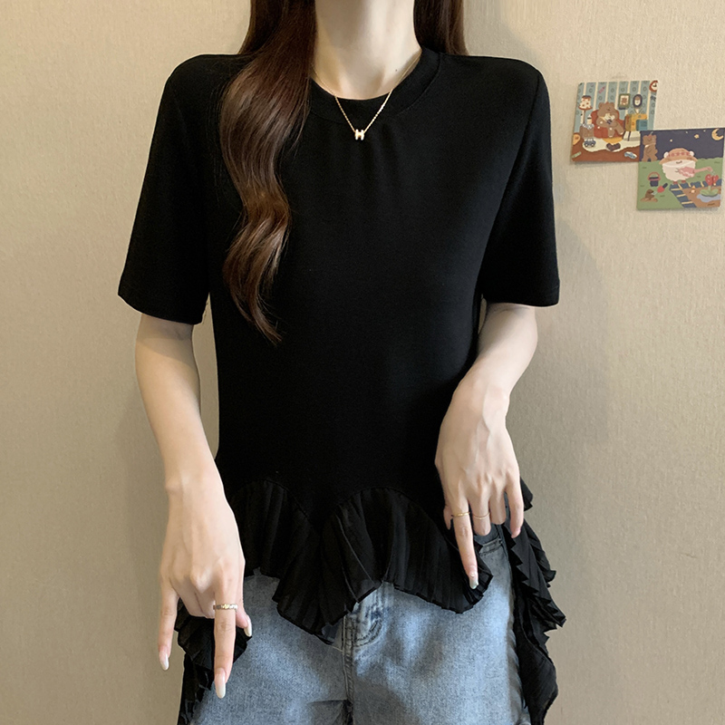 2026 반팔 티셔츠 여성 여름 새로운 한 부서 디자인 센스 패치워크 밑단 루즈핏 표지 고기 슬림해 보이는 빅 사이즈 맨위