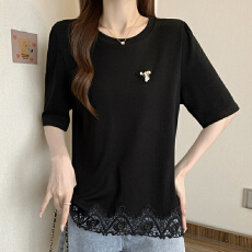 批发2026新款短袖t恤女夏季设计感小众蕾丝拼接独特别致宽松显瘦上衣