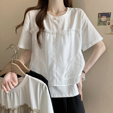 批发实拍~大码胖MM2026夏季新款设计感百搭拼接网纱假两件短袖上衣