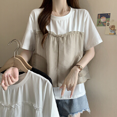 批发实拍~大码胖MM2026夏季新款设计感百搭拼接网纱假两件短袖上衣