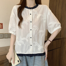 批发2026夏季新款大码<b class='q'>女装</b>时尚宽松气质刺绣拼接圆领短袖衬衫上衣