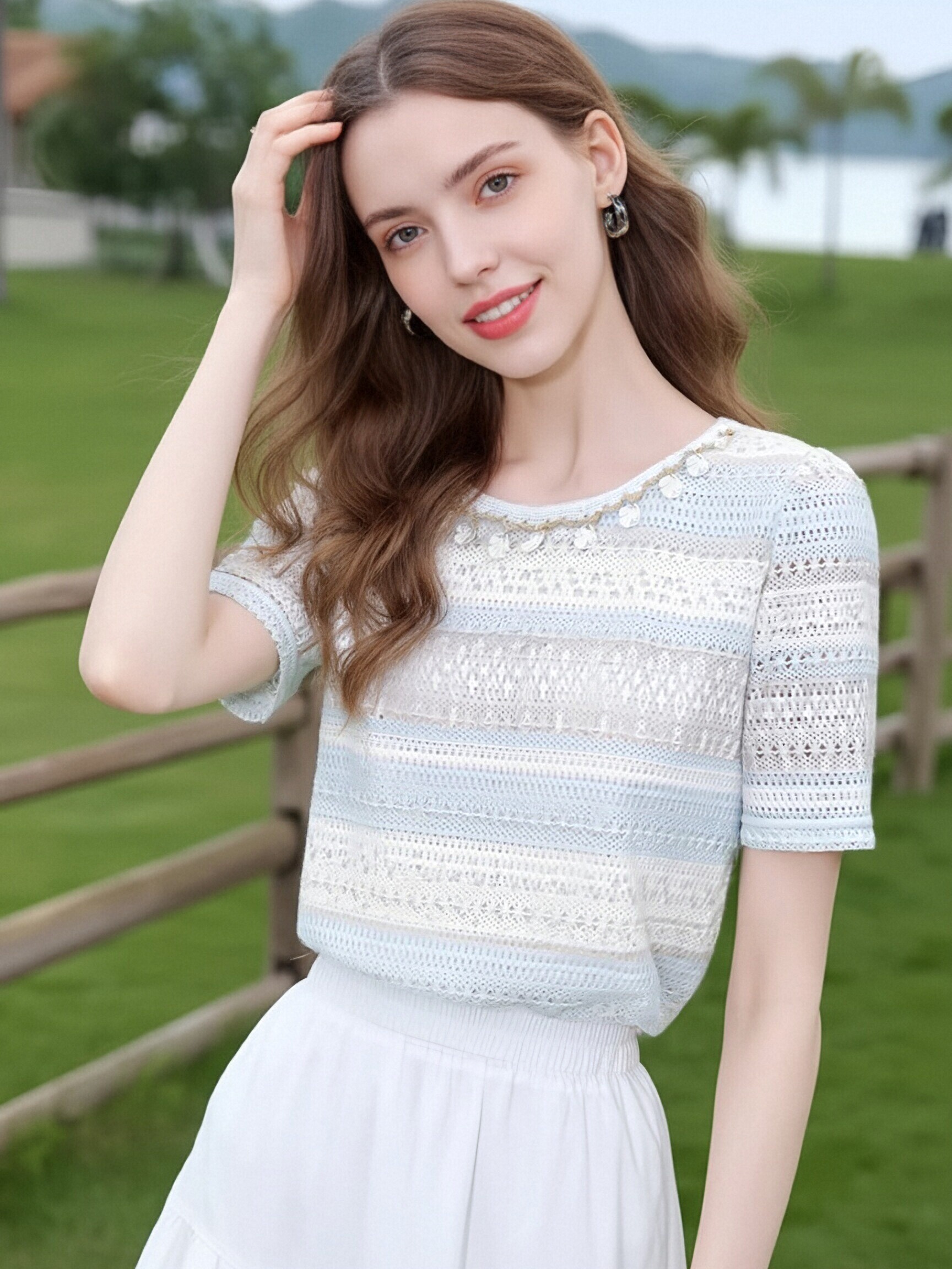프랑스식 거품 소매 레이스 배색 스트라이프 반팔 티셔츠 여성 여름 새로운 작은 청신 바람 작은 대중 다용도 맨위