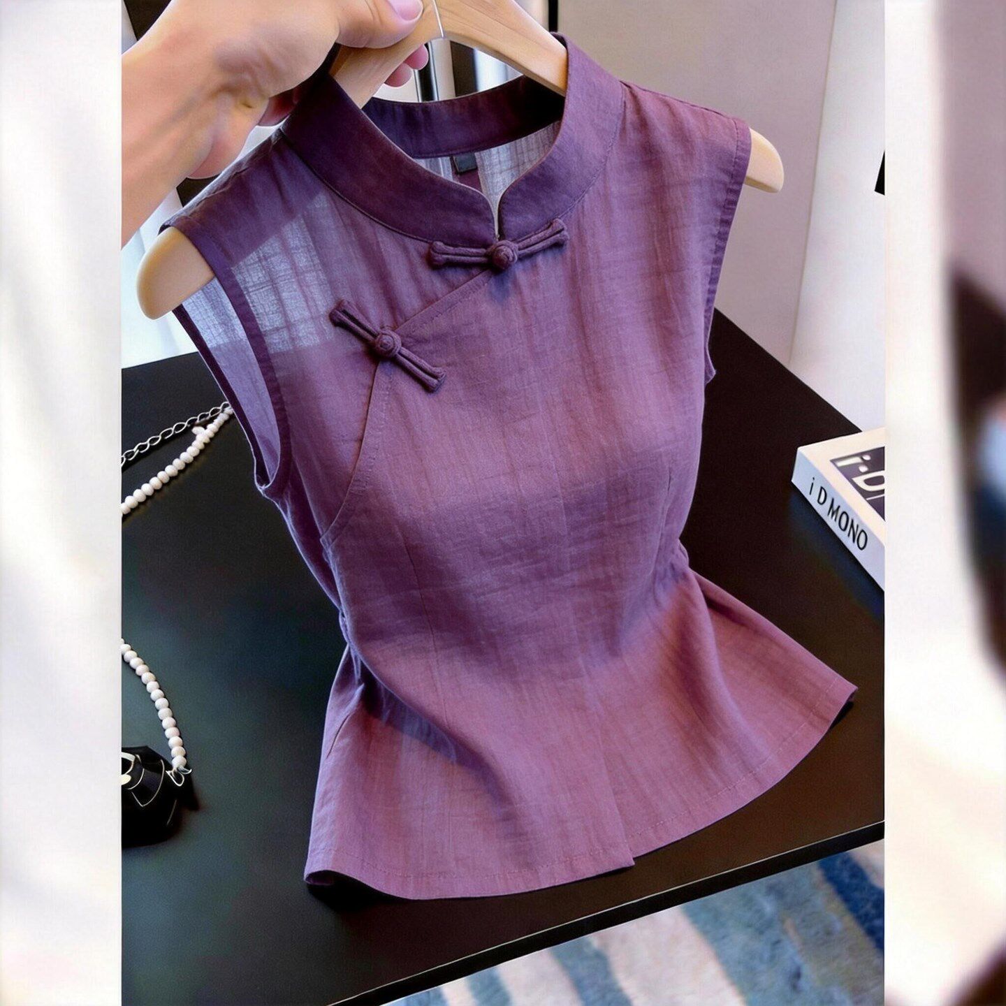 새로운 중식 빛 럭셔리 바람 단추 스탠드 칼라 민소매 맨위 여성 여름 보라색 몸매 가꾸기 품격 다용도 여성 의류 셔츠 조끼