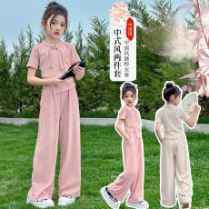 批发女童夏装国风套装新款洋气时髦中大童短袖阔腿裤新中式两件套潮