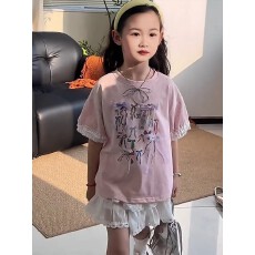 批发【26支纯棉】女童<b class='q'>夏</b>蝴蝶结短袖T恤宽松百搭上衣女大童半袖体恤