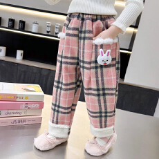 批发女<b class='q'>小童</b>冬季加绒加厚格子小兔休闲裤2025新款女宝宝保暖呢子直筒裤