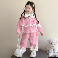 批发女小童洋气宽松加绒套装冬季款宝宝加厚开衫冬装<b class='q'>儿童</b>超好看两件套