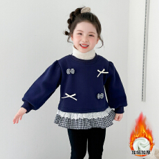 批发韩版童装冬装<b class='q'>女</b>童<b class='q'>格</b>子<b class='q'>拼接</b>卫衣加绒儿童蝴蝶结上衣<b class='q'>女</b>宝宝套头衫