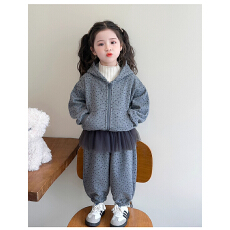 女童加绒套装2025冬季新款碎花连帽卫衣网纱屁帘假两件卫裤两件套