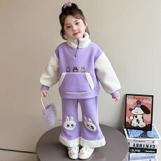批发冬装<b class='q'>女童</b>拉布<b class='q'>布</b>加绒加厚套装女宝宝洋气保暖立领卫衣喇叭裤两件套