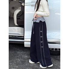 批发童装2025秋冬季加绒女童休闲卫裤儿童蝴蝶结刺绣直筒运动阔腿长裤