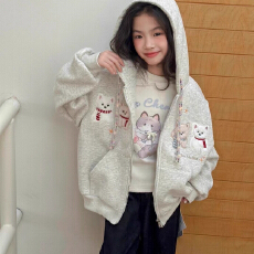 韩国女童一体绒拉布布连帽卫衣外套秋冬女孩时尚休闲运动开衫上衣