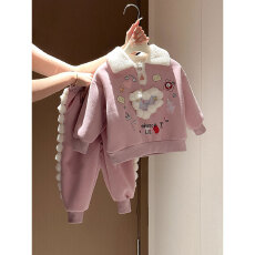 批发女童加绒套装秋冬季新款儿童冬装毛领外套宝宝加绒两件套上衣裤子