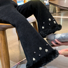 批发米米哈罗女童加绒长裤冬装2025新款儿童喇叭裤设计感小女孩休闲裤